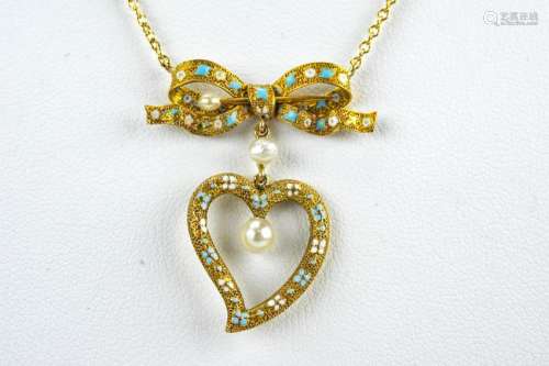 Antique Circa 1900 14kt Gold Heart & Bow Necklace