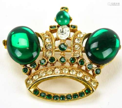 Vintage Rhinestone & Cabochon Crown Brooch