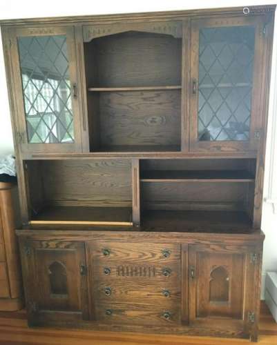 Tudor Style Breakfront W Paned Glass Cabinets