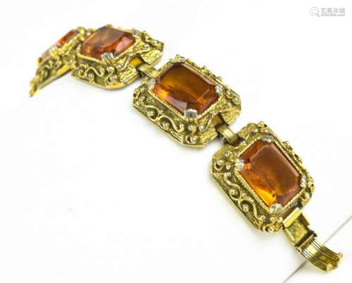 Vintage Gilt Metal & Citrine Glass Panel Bracelet
