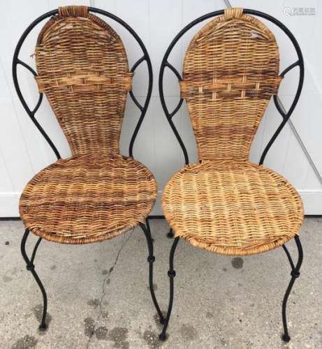 Pair Contemporary Black Metal & Wicker Side Chairs