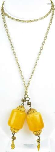 Vintage Faux Amber Lariat Tassel Necklace