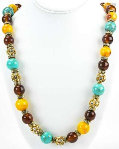 Vintage Faux Amber & Rhinestone Beaded Necklace