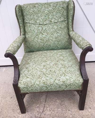 Antique Carved Upholstered Wing Back Arm Chair