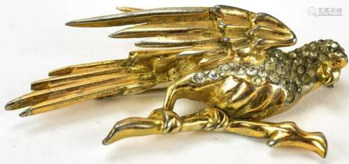Large Vintage Gilt & Rhinestone Parrot Bird Brooch