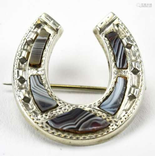 Vintage Silver & Agate Horseshoe Brooch Pin