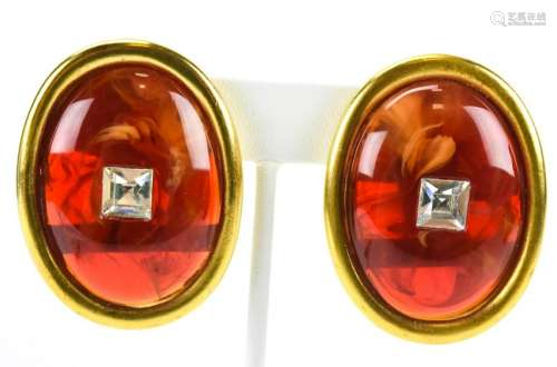Pair Vintage Faux Amber & Rhinestone Earrings