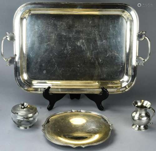 Collection of Silver Plate + Pewter Tray, Vessels