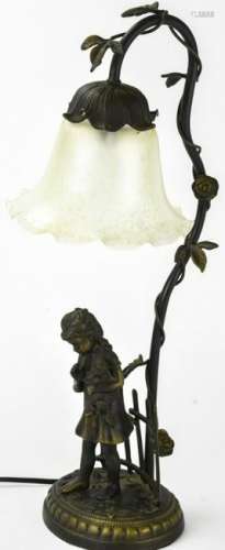 Bronze Figural Lamp Featuring Little Girl + Kitten