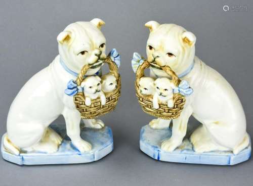 Pair Vintage Porcelain Pugs + Basket of Puppies