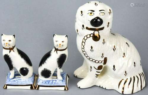 Staffordshire Porcelain Spaniel + Pair of Cats