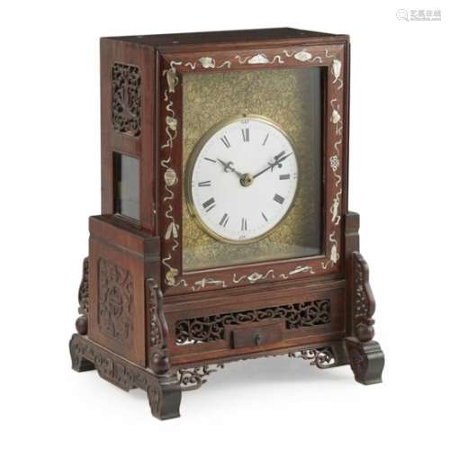 HARDWOOD AND MOTHER-OF-PEARL INLAID TABLE CLOCK QING DYNASTY, 19TH CENTURY