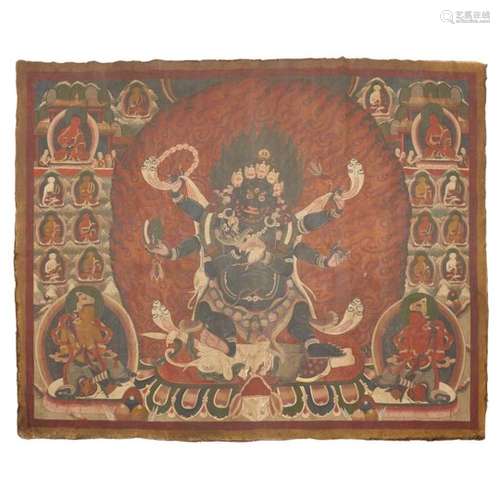 LARGE THANGKA DEPICTING SIX-ARMED MAHAKALA QING DYNASTY, 18TH CENTURY