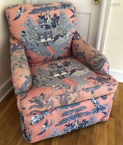 Custom Upholstered Club Chair Toile Chinoisserie