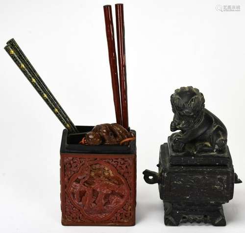 Netsuke, Cinnabar Cigarette Box & Soapstone Box