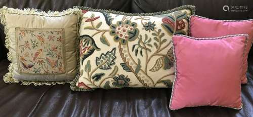 4 Custom Pillows, Crewel, Silk, Needlepoint