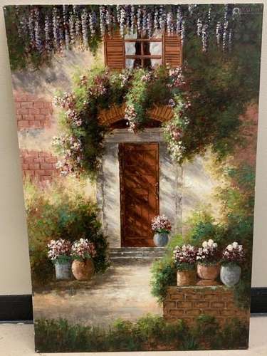 Signed Oil Painting of a Cottage W Flowers