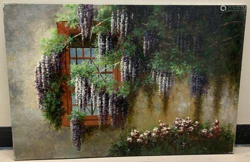 Signed Oil Painting of a Cottage Window W Flowers