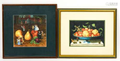 Pair Fruit Prints, One Hand Painted, Artist Signed