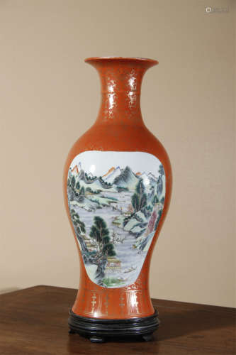 Min Guo, Coral Gold Ornament Famille Rose Vase