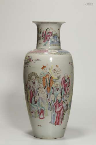 Qing Dynasity, Famille Rose Eighteen Monks Bottle Vase