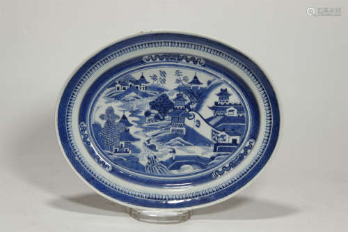 Qing Kien Lung, Blue and White Landscape Plate