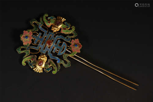 Gilt Silver Enamel with Happiness and Longlivety Hairpin