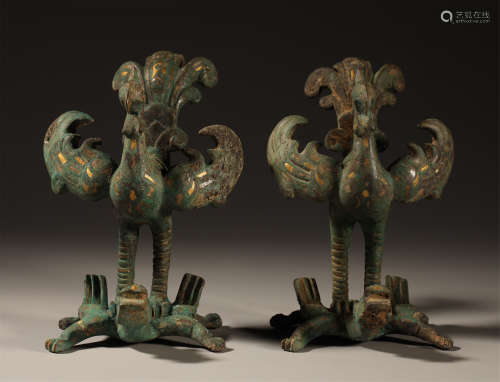 A Pair of Bronze Peacocks  Inlaid Gold and Silver