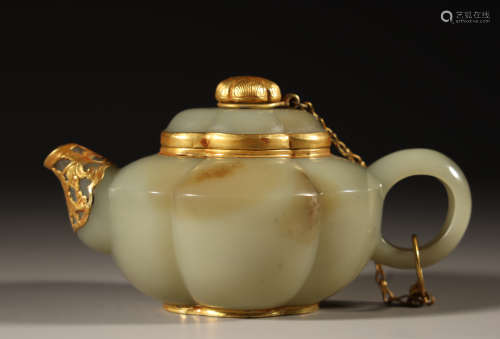 Hetian Jade Teapot Decorated by Gilt Bronze