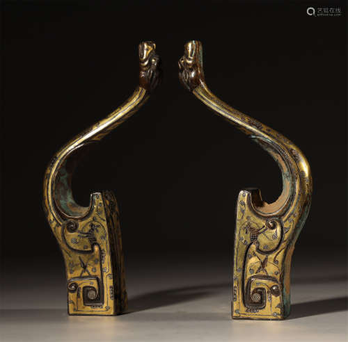 A Pair of Bronze Dragons Inlaid Gold