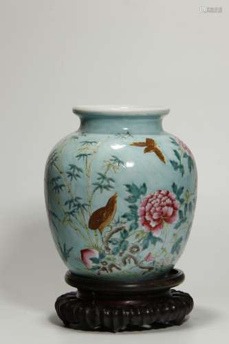 Qing Dynasity, Famille Rose Vase with Hardwood Stand