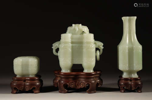 Imperial Hetian Jade Vase, Incense Burner and Box