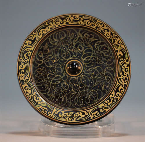 Bronze Mirror Inlaid Gold and Black Laquer