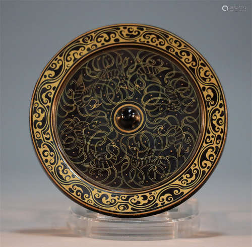 Bronze Mirror Inlaid Gold and Black Laquer