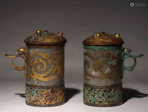 A Pair of Jades Inlaid Gold and Part of Gilt Bronze