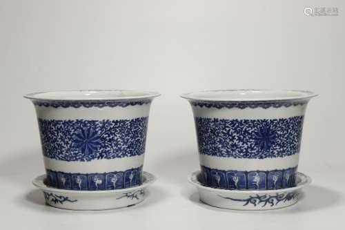 Qing Dynasity,  A Pair of Blue and White Flowerpots