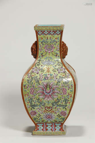 Min Guo, Yellow - Ground Glazed Famille Rose Vase
