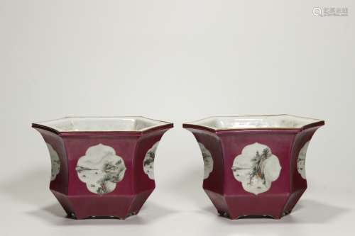 Min Guo,  A Pair of  Red Glazed Hexagonal Flowerpot