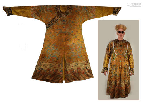 Qing Dynasity, Yellow- Ground  Imperial Dragon Embroidered Robe.