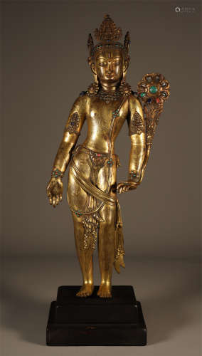 Gilt Bronze Inlaid Gemstones BuddhaStanding Statue