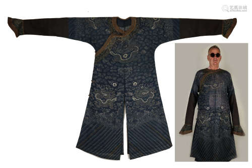 Qing Dynasity, Blue- Ground  Imperial Dragon Embroidered Robe.