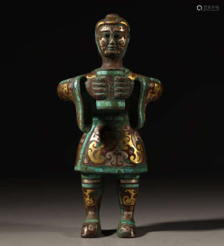 Bronze Inlaid Gold and Silver Figure