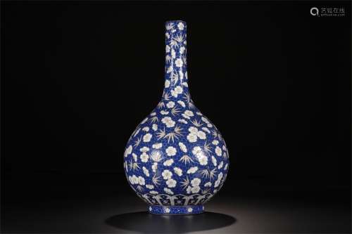 A Chinese Blue Ground Famille-Rose Porcelain Vase