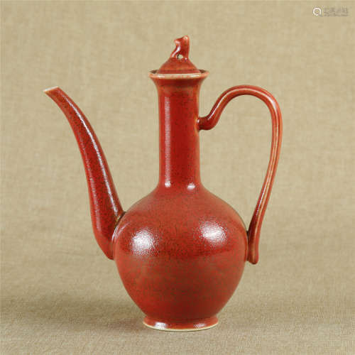 A Chinese Red Glazed Porcelain Wine Pot