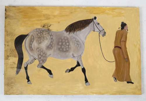 Chinese Man and His Horse - Painting on Masonite
