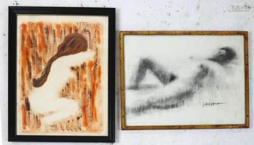 Two Works: Female Nudes - Print & Painting