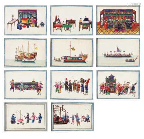 A rare Qing Dynasty album with 48 daily scenes on rice paperBlack and gilt Chinese lacquer cover and