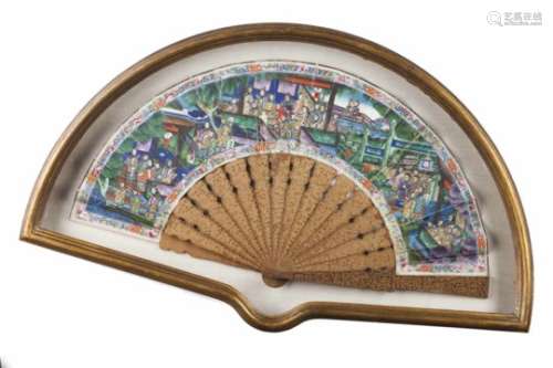 A fanCarved and relief sandalwood fan framePainted leaf with ivory elements depicting Chinese