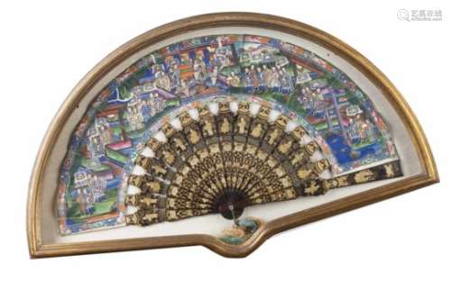A boxed fanLacquered and gilt wooden framePainted leaf with ivory elements depicting chinese daily