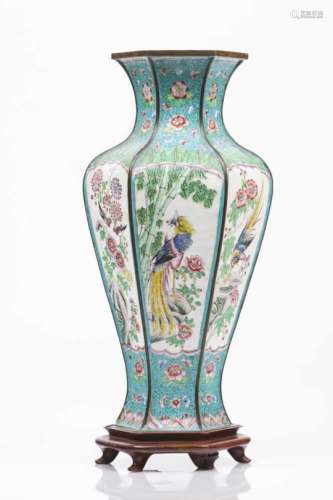 A vasePolychrome enamel on copperCartouches with pheasants, birds and flowers decorationQing
